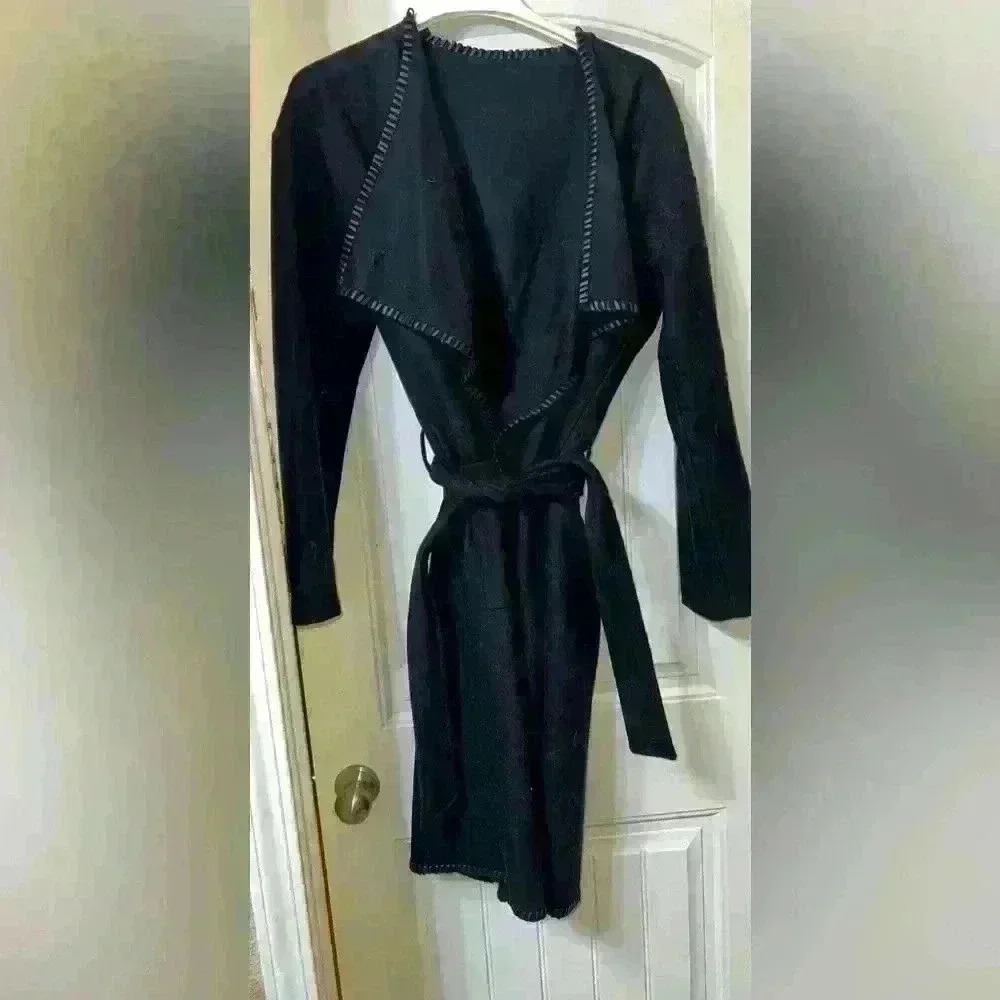 AllSaints City Monument Eve Wool Coat Black Leather Woven Collar, Size L
